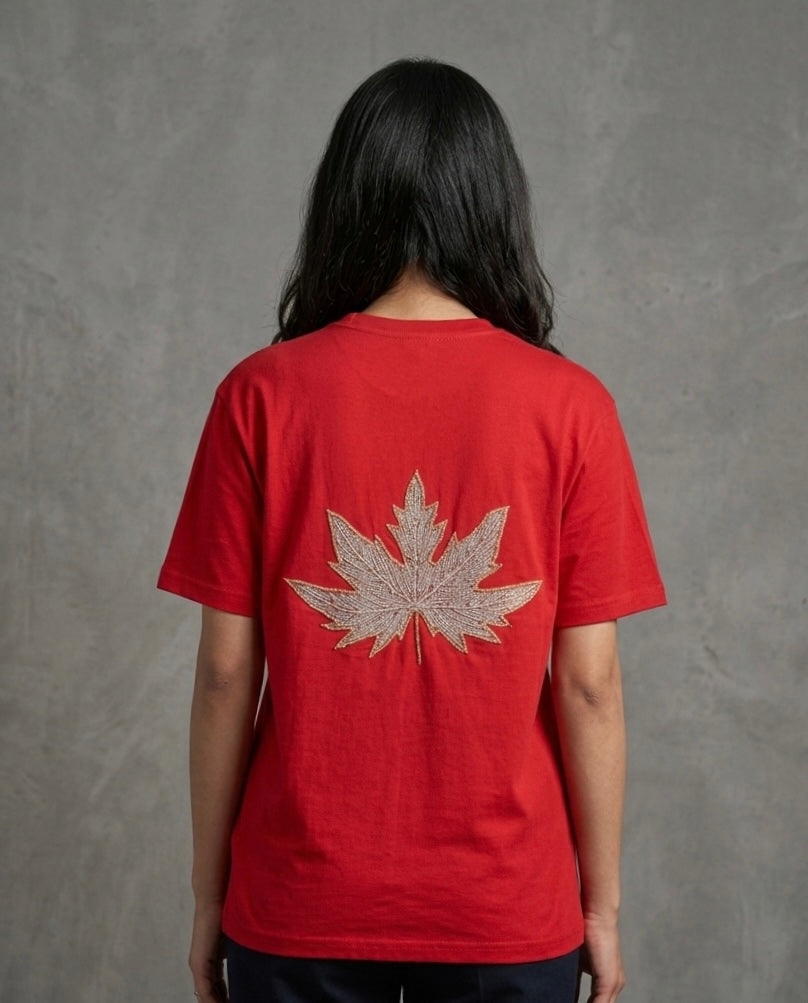 HAND TILLA EXCLUSIVE RED T-SHIRT WITH CHINAR EMBROIDERY
